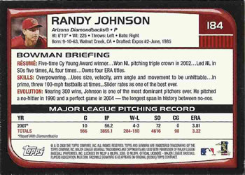 2008 Bowman #184 Randy Johnson Back