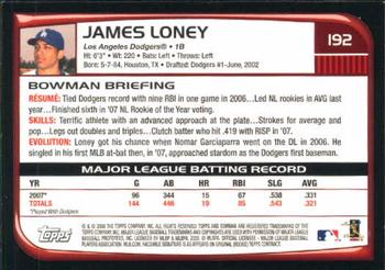 2008 Bowman #192 James Loney Back