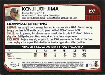 2008 Bowman #197 Kenji Johjima Back