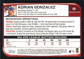 2008 Bowman #19 Adrian Gonzalez Back