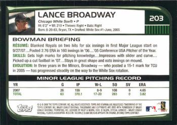 2008 Bowman #203 Lance Broadway Back