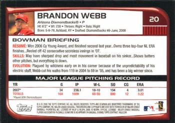 2008 Bowman #20 Brandon Webb Back