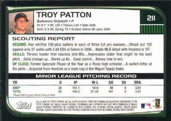 2008 Bowman #211 Troy Patton Back