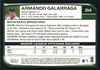 2008 Bowman #214 Armando Galarraga Back