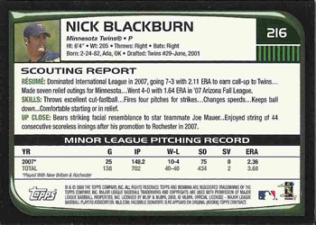 2008 Bowman #216 Nick Blackburn Back