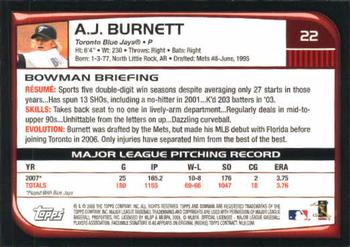 2008 Bowman #22 A.J. Burnett Back