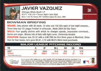 2008 Bowman #31 Javier Vazquez Back
