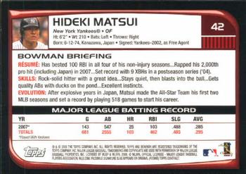 2008 Bowman #42 Hideki Matsui Back