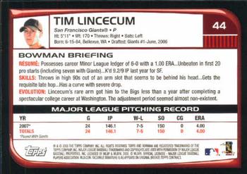 2008 Bowman #44 Tim Lincecum Back
