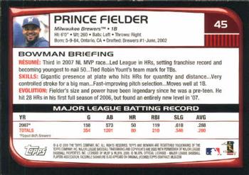 2008 Bowman #45 Prince Fielder Back