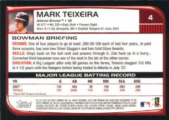 2008 Bowman #4 Mark Teixeira Back