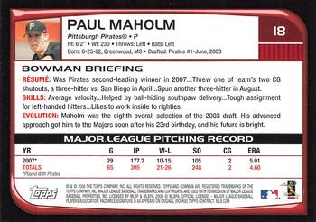 2008 Bowman #18 Paul Maholm Back