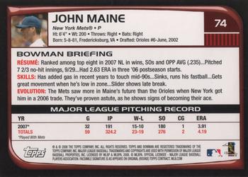 2008 Bowman #74 John Maine Back