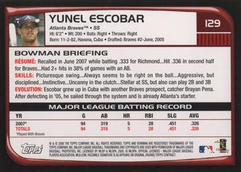 2008 Bowman #129 Yunel Escobar Back