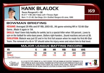2008 Bowman #169 Hank Blalock Back