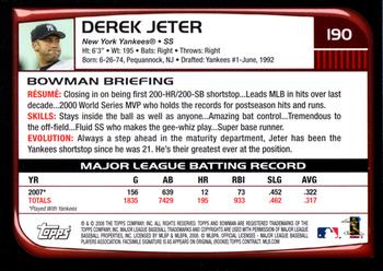 2008 Bowman #190 Derek Jeter Back