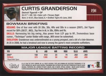 2008 Bowman #191 Curtis Granderson Back