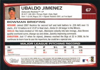 2008 Bowman #67 Ubaldo Jimenez Back