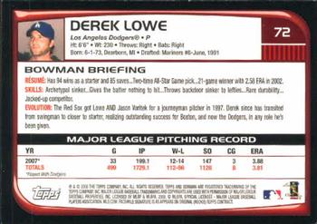 2008 Bowman #72 Derek Lowe Back