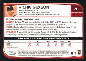 2008 Bowman #76 Richie Sexson Back
