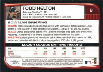 2008 Bowman #8 Todd Helton Back