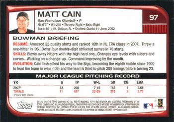 2008 Bowman #97 Matt Cain Back