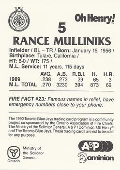 1990 Toronto Blue Jays Fire Safety #NNO Rance Mulliniks Back
