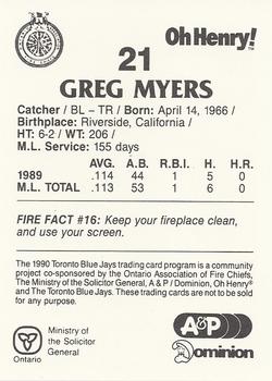 1990 Toronto Blue Jays Fire Safety #NNO Greg Myers Back