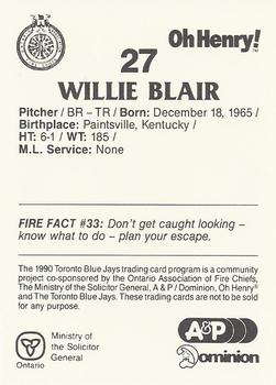 1990 Toronto Blue Jays Fire Safety #NNO Willie Blair Back