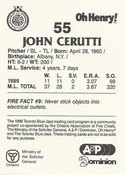 1990 Toronto Blue Jays Fire Safety #NNO John Cerutti Back