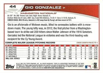 2013 Topps Opening Day #44 Gio Gonzalez Back