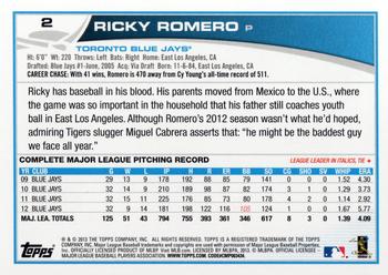 2013 Topps Opening Day #2 Ricky Romero Back