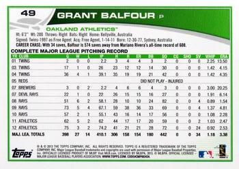 2013 Topps Opening Day #49 Grant Balfour Back