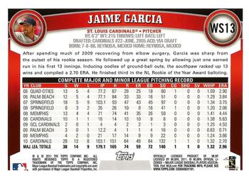2011 Topps World Series Champions St. Louis Cardinals #WS13 Jaime Garcia Back