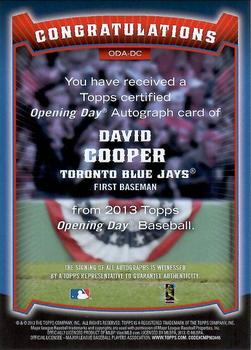 2013 Topps Opening Day - Autographs #ODA-DC David Cooper Back