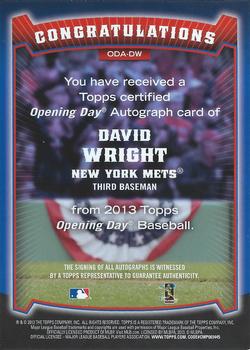 2013 Topps Opening Day - Autographs #ODA-DW David Wright Back