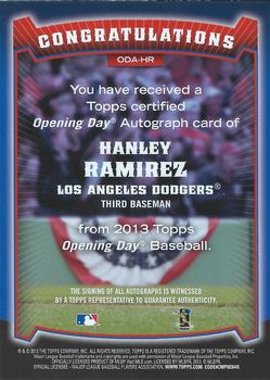 2013 Topps Opening Day - Autographs #ODA-HR Hanley Ramirez Back