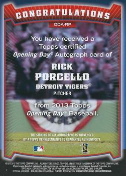 2013 Topps Opening Day - Autographs #ODA-RP Rick Porcello Back