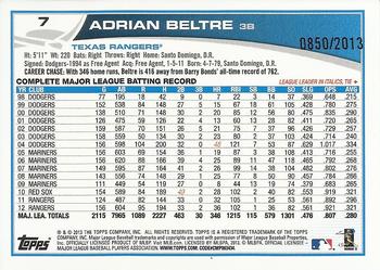 2013 Topps Opening Day - Blue #7 Adrian Beltre Back