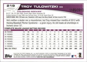 2013 Topps Opening Day - Blue #219 Troy Tulowitzki Back