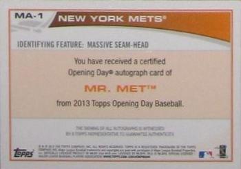 2013 Topps Opening Day - Mascot Autographs #MA-1 Mr. Met Back