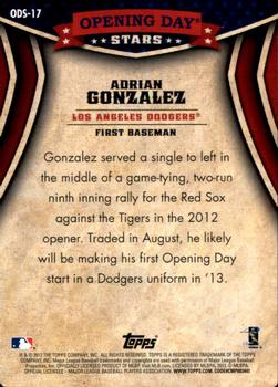 2013 Topps Opening Day - Opening Day Stars #ODS-17 Adrian Gonzalez Back