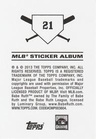 2013 Topps Stickers #21 Babe Ruth Back