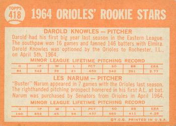2013 Topps Heritage - 50th Anniversary Buybacks #418 Orioles 1964 Rookie Stars (Darold Knowles / Les Narum) Back