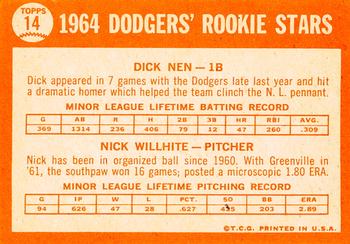 2013 Topps Heritage - 50th Anniversary Buybacks #14 Dodgers 1964 Rookie Stars (Dick Nen / Nick Willhite) Back