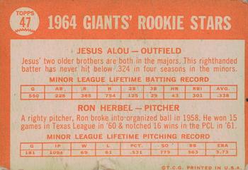 2013 Topps Heritage - 50th Anniversary Buybacks #47 Giants 1964 Rookie Stars (Jesus Alou / Ron Herbel) Back