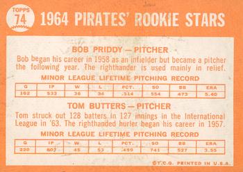 2013 Topps Heritage - 50th Anniversary Buybacks #74 Pirates 1964 Rookie Stars (Bob Priddy / Tom Butters) Back