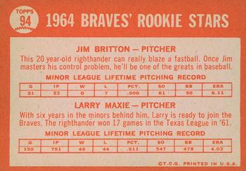 2013 Topps Heritage - 50th Anniversary Buybacks #94 Braves 1964 Rookie Stars (Jim Britton / Larry Maxie) Back