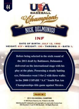 2013 Panini USA Baseball Champions #44 Nick Delmonico Back
