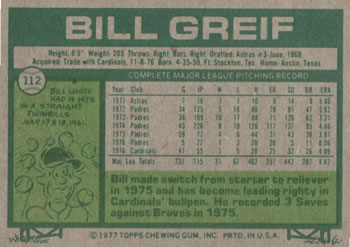 1977 Topps #112 Bill Greif Back